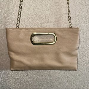 Beige Clutch Purse with removable gold chain strap.